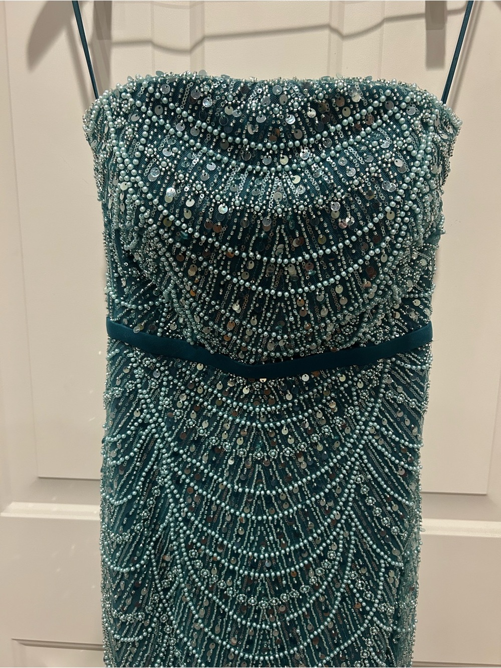 Beaded Evening Dress with Long Beaded Cape in Teal-Blue - Picture 5 of 10